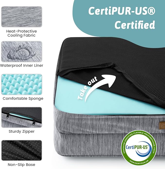Cooling Dog Bed for Medium Small Size Dogs, Q-Max >0.4 Summer Cool Pet Bed, Orthopedic Dog Sofa with Sides, Bolster Anti-Slip Couch with Washable Removable Cover, M 30x20x6 inch, Dark Grey
