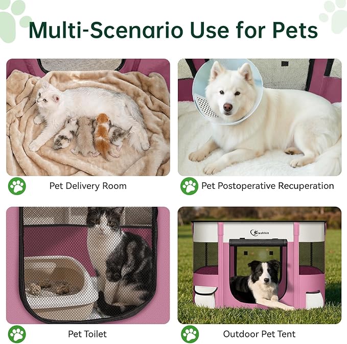Dog Playpen,Cat Pet Puppy Pen,Portable Playpens for Dogs Indoor Outdoor Travel Camping Use,Foldable Dog Kennel Tent Crate for Rabbit Small Animals with Carrying Case (Pink, Large)