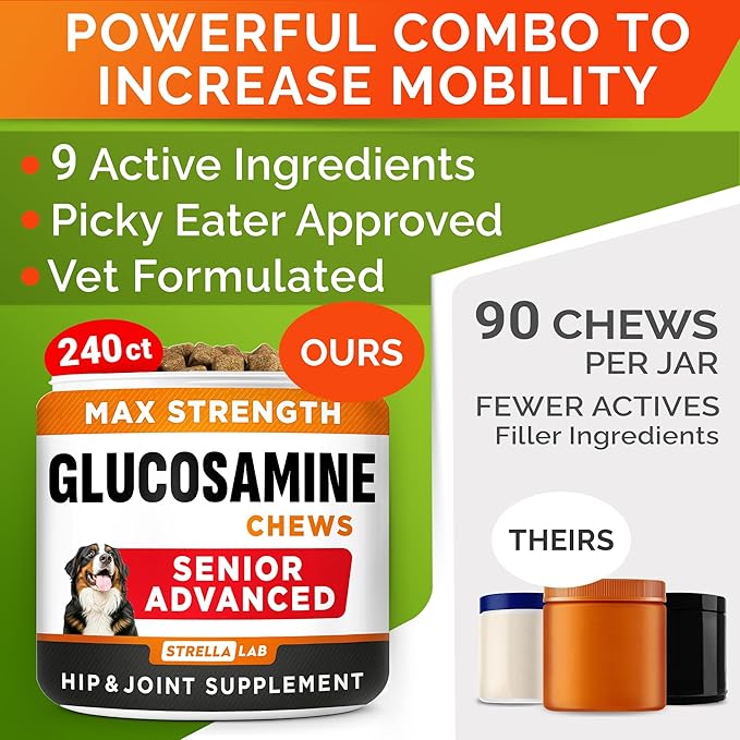 Senior Advanced Glucosamine Joint Supplement for Dogs - Hip & Joint Pain Relief - Small + Large Breeds -Omega-3 Fish Oil - Chondroitin, MSM- Mobility Soft Chews for Older Dogs - Bacon Flavor - 240Ct