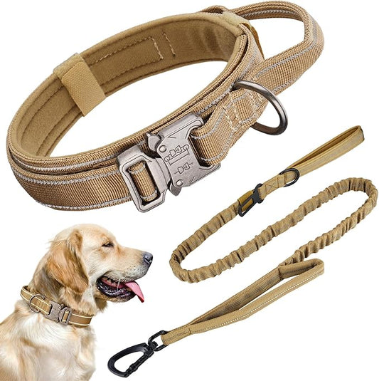 KCUCOP Heavy Duty Tactical Dog Collar and Leash Set, Military Training Nylon Reflective Collar with Handle Metal Buckle for Medium Large Dogs, Brown,M (1 Patch Included)