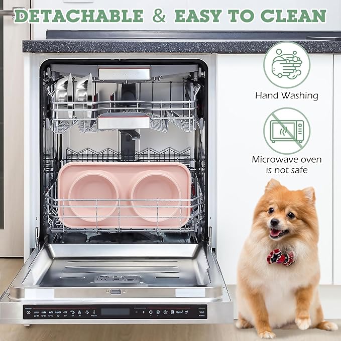 BNOSDM Double Dog Food Bowls Stainless Steel Dog Food and Water Bowls with Non-Spill Plastic Mat Pet Cat Feeder Bowl Set for Puppy Cats Kitten Small Medium Dogs Pink