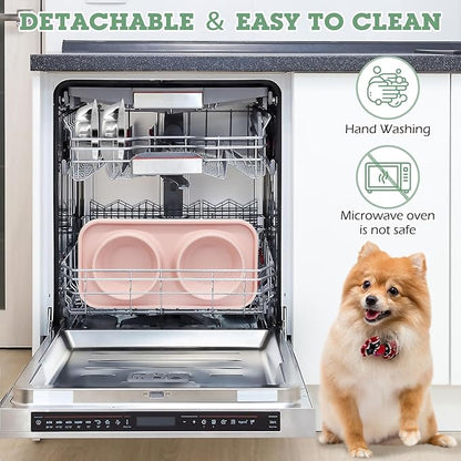 BNOSDM Double Dog Food Bowls Stainless Steel Dog Food and Water Bowls with Non-Spill Plastic Mat Pet Cat Feeder Bowl Set for Puppy Cats Kitten Small Medium Dogs Pink