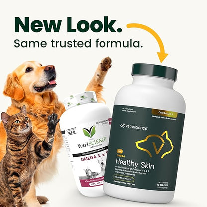 VetriScience Omega Healthy Skin and Coat Capsules, 3,6,9 Fish Oil Supplement for Dogs and Cats, Reduce Shedding, Over 750 mg Omega Fatty Acids per Capsule, Gel Caps, 90 Count