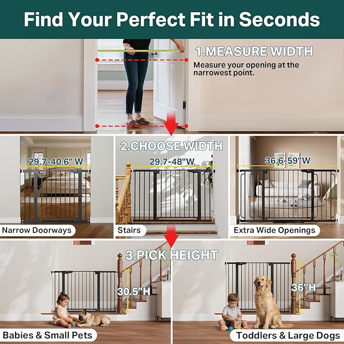 Cumbor 2-Pack Baby & Dog Gates Bundle, 29.7-48" & 30-54" Extra Wide Safety Gates for Stairs Doorways Hallways, Dual Lock Auto Close Easy Install Pet Gate, Black