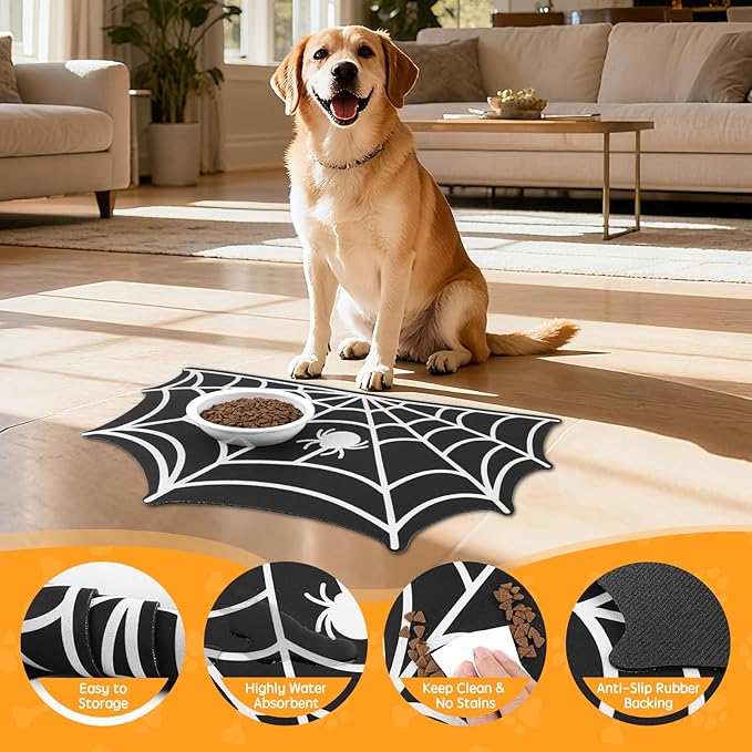 Dog Cat Food & Water Mat, Spider Web Pet Feeding Mat for Floor Non-Slip Waterproof, Super Absorbent Quick Dry Placemat Pet Food Bowl Mat, Halloween Decor, Pets Accessories Indoor (12 * 20 in)
