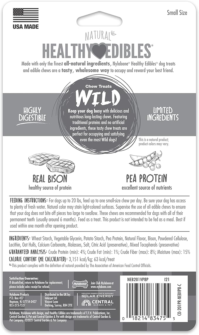 Nylabone Healthy Edibles WILD Natural Dog Chew Treats for Small Dogs, Long Lasting Dog Healthy Chew Bones Made in USA, Bison Flavor, For Dogs Up to 25 lbs. (8 Count)