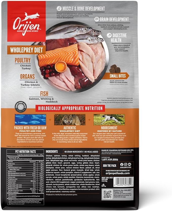 ORIJEN Grain Free High Protein Dry Dog Food Small Breed Puppy Recipe 4lb Bag
