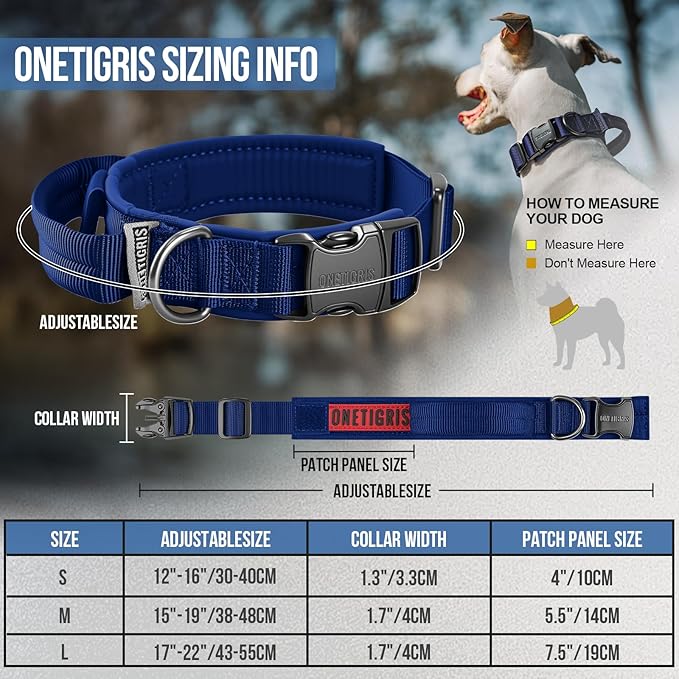 OneTigris Tough Dog Collars, Tactical Dog Collar with Handle, Milltary Adjustable Dog Collar with Heavy Duty Metal Buckle for Training (Medium,Blue)