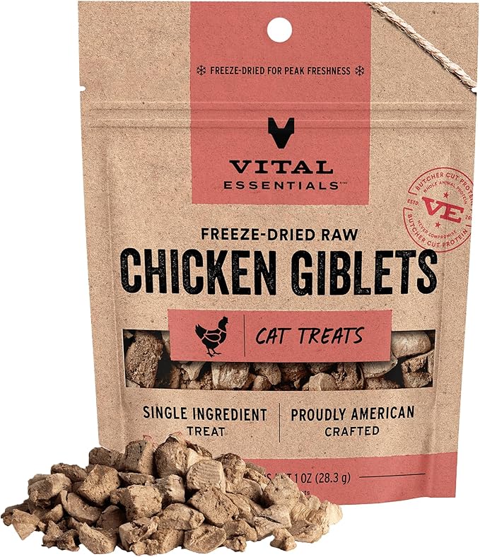 Vital Essentials Freeze Dried Cat Treats | Chicken Giblets, Single Protein | Premium Quality | Grain Free, Healthy Treats for Cats, 1 oz Bag