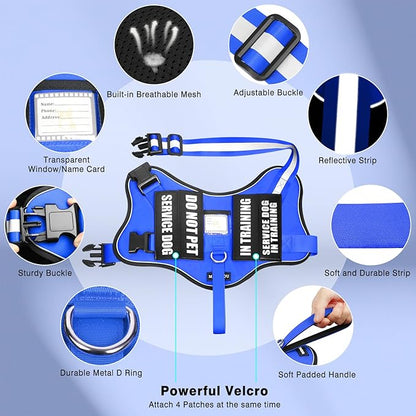 Service Dog Vest Harness and Leash Set+10 Patches,No Pull&Easy Walk Reflective Dog Harness with Soft Padded Handle for Training/Everyday,Fit Small/Medium/Large/Extra-Large Dogs (Blue L)