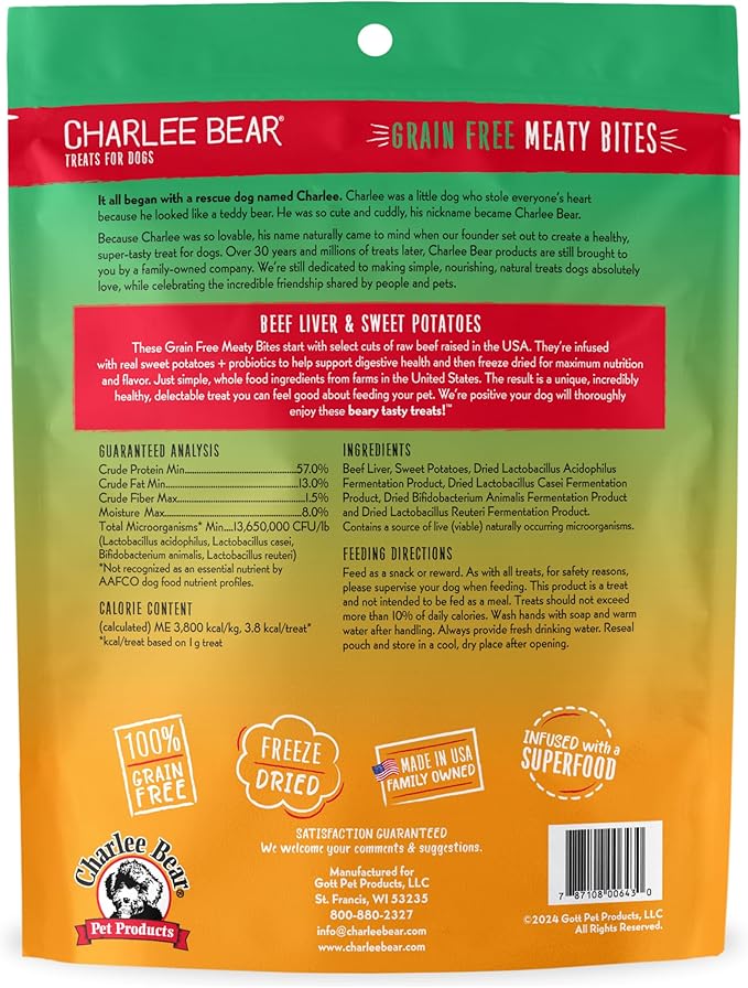 Charlee Bear Grain Free Meaty Bites Freeze Dried Dog Treats, Beef Liver and Sweet Potato, 2.25 Ounce Resealable Bag, Training Treats or Meal Topper Dogs, High Protein Snacks, Made in USA