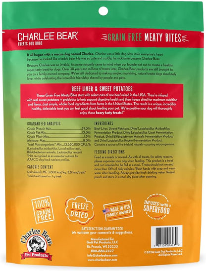 Charlee Bear Grain Free Meaty Bites Freeze Dried Dog Treats, Beef Liver and Sweet Potato, 2.25 Ounce Resealable Bag, Training Treats or Meal Topper Dogs, High Protein Snacks, Made in USA