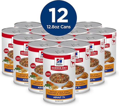 Hill's Science Diet Adult 7+ Senior Wet Dog Food, Savory Stew with Chicken & Vegetables in Gravy, 12.8 oz. Cans, 12-Pack
