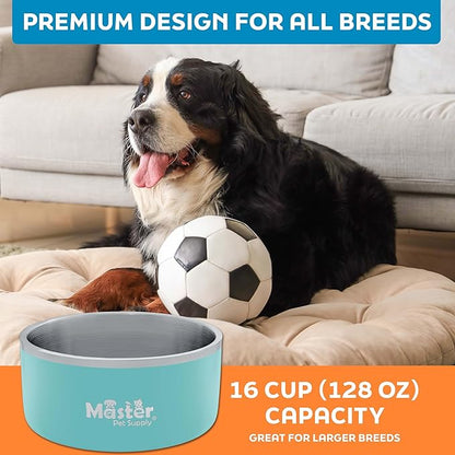 Master Pet Supply Stainless Steel Dog Bowls - 128 oz, Heavy Duty - Aqua Sky, Double Wall Extra-Thick Insulated, Non-Slip Pet Water Bowl for Dogs, Cats & Pets, Anti Rust Metal, Dish Washer Safe
