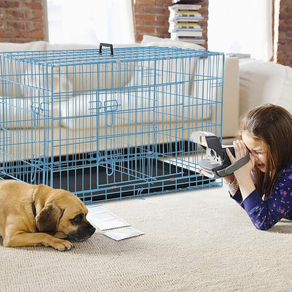 Dog Crate for Large Medium Dogs Folding Dog Kennel Cage with Plastic Tray & Divider 48" Indoor Outdoor Metal Double Door Pet Playpen Heavy Duty Dog Pen Enclosure Blue
