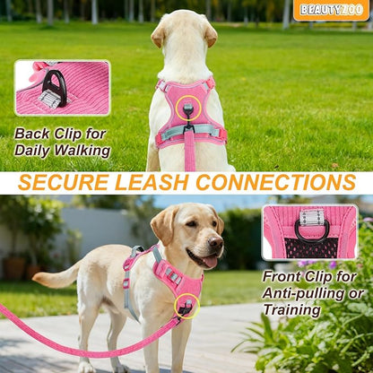 BEAUTYZOO No Pull Dog Harness Large, Adjustable Dog Harness and Leash Set -Easy Wearing with 3 Buckles/Control Handle,No Choke Soft Padded Reflective Pet Vest for Training Walking Hiking,Rose M