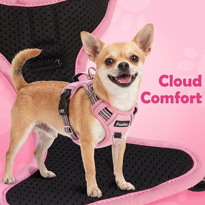 Funfox Dog Harness No Pull, Adjustable Pet Vest Harness, Super Soft Material with Vertical Handle Easy Control, Reflective Night Walking, 2 Leash Clips for Small Sized Dogs, Pink, S