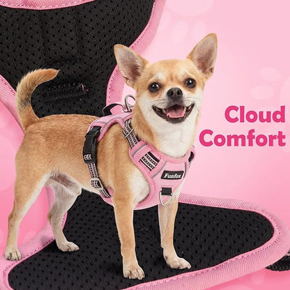 Funfox Dog Harness No Pull, Adjustable Pet Vest Harness, Super Soft Material with Vertical Handle Easy Control, Reflective Night Walking, 2 Leash Clips for Large Dogs, Pink, L