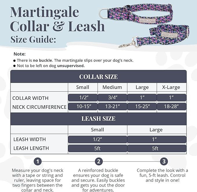 Lucky Love Dog Martingale Dog Collar & Leash - Adjustable, No-Slip, Durable, Comfortable, Soft Webbing, & Stylish Patterned Collar & Leash Set for Male and Female Dogs - Primrose Combo, Large