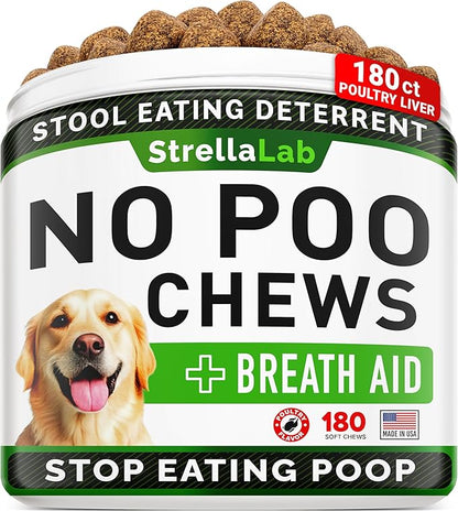 STRELLALAB No Poo Chews for Dogs - Coprophagia Deterrent for Dogs - No Poop Eating - Digestive Enzymes - Gut Health Support - Stop Eating Poop - 180Ct Poultry Liver