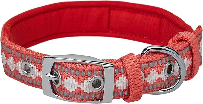 Blueberry Pet Reflective Jacquard Dog Collar with Neoprene Padding & Metal Buckle | Soft & Adjustable Safety Collar - Coral, Neck 9-12.5", for Small Breed