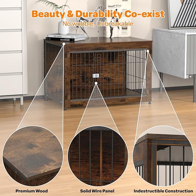 Dog Crate Furniture, Wooden Dog Crate 37in, Decorative Cage with End Table for Dog Indoor Kennel, High Anxiety Dog, Escape-Proof Locks for All Breeds