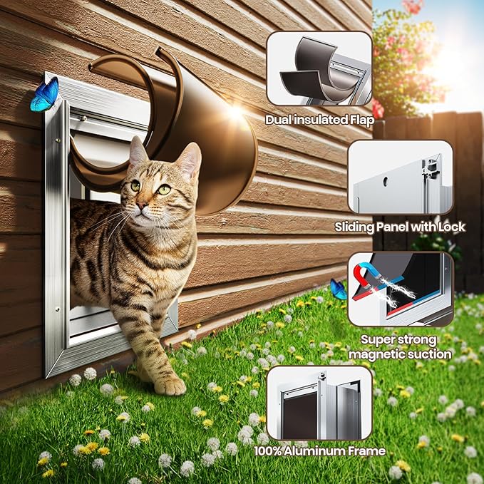 Cat Door for Wall, Small Pet Door, Heavy Duty Doggy Door, All Aluminum Frame, 2 Magnetic Flaps, Energy Efficient, Telescoping Tunnel, Sliding Lock Panel, Easy to Install (Pets Up to 22 LB)