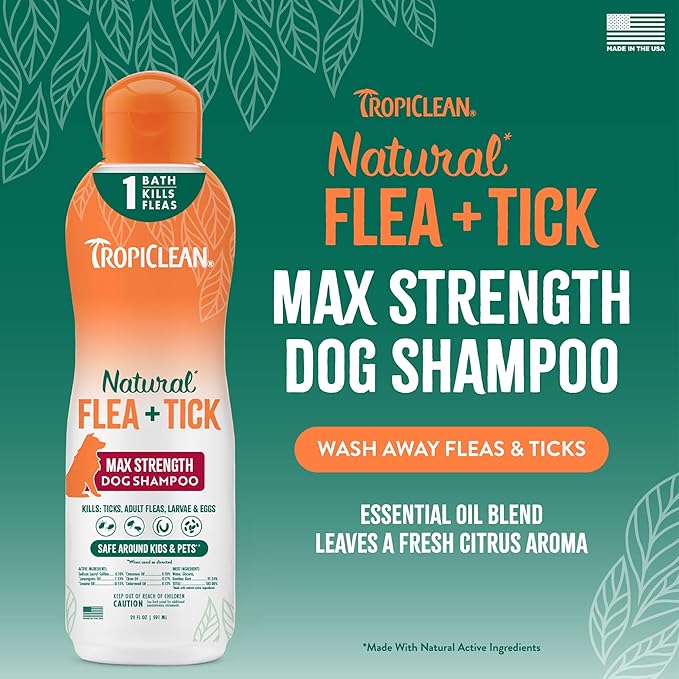 TropiClean Max Strength Flea and Tick Shampoo Treatment for Dogs, Powerful & Natural Defense, Prevention for Large & Small Dogs, Made in USA, 20oz