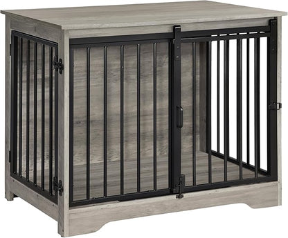 Hzuaneri 31.9" Dog Crate Furniture with Barn Door, Heavy Duty Dog Kennel Indoor with 2 Doors, Wooden Pet Cage End Table for Small Medium Dogs up to 44 lb, Anti-Chew Anti-Escape, Greige DFC83605B