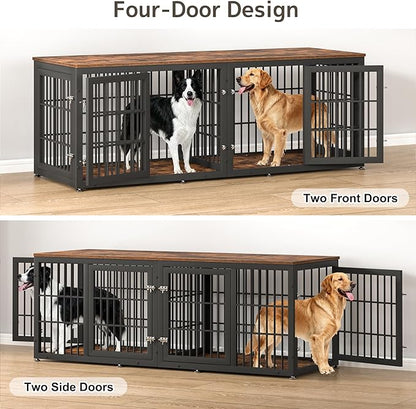 rehomerance 78 Inch Double Dog Crate Furniture, Heavy Duty Extra Large Cage Furniture with Divider for 2 Dogs, Decorative Wooden Kennel Furniture Indoor, Metal Pet House for Large and Medium Dogs