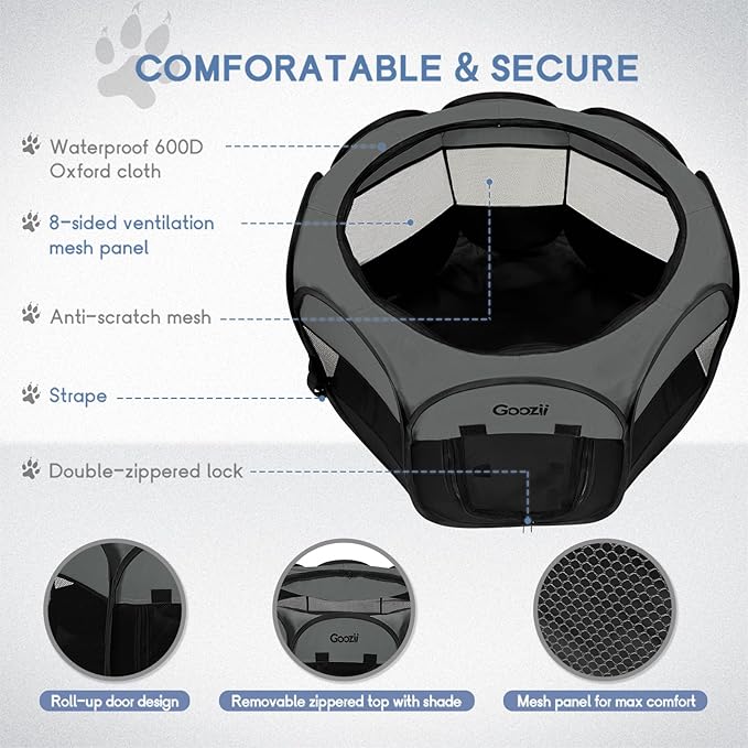 Goozii Portable Dog Playpen for Large Dogs, Collapsible Puppy Pet Cat Playpen with Zipper Top Cover (Large Size, Grey-Black)
