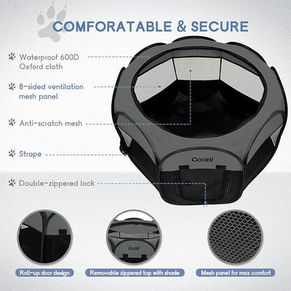 Goozii Portable Dog Playpen for Medium Dogs, Collapsible Pet Cat Kitten Puppy Playpen Indoors Outdoors with Zipper Top Cover (Medium Size, Grey-Black)