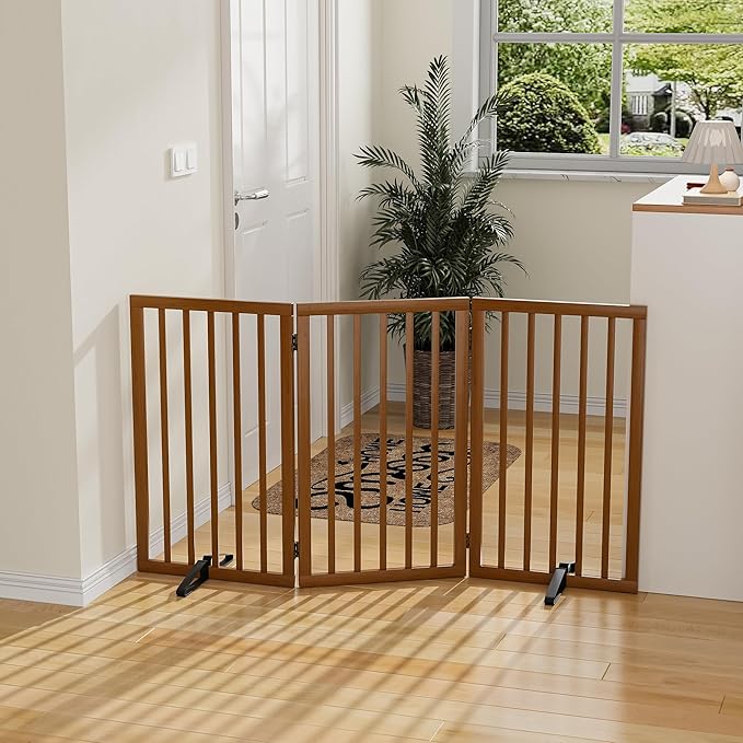 Dog Gate 32" Tall Foldable Dog Gate for Doorways Freestanding Pet Gate for Dogs Indoor (Walnut, 3 Panel)