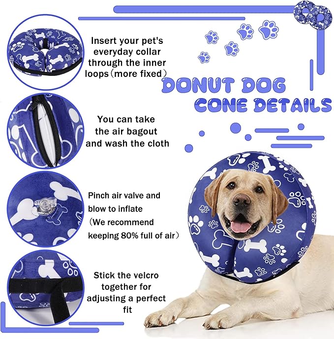 Recovery Donut Collar for Dogs & Cat,Inflatable Dog Cone Collar Alternative After Surgery,Soft Cone for Large Medium Small Dog,Adjustable Pet Neck Donut(Darkblue Bone,Medium