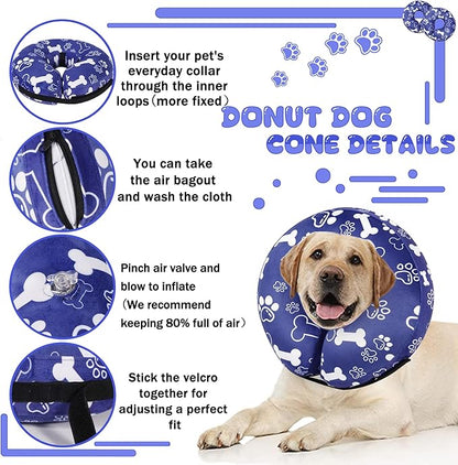Recovery Donut Collar for Dogs & Cat,Inflatable Dog Cone Collar Alternative After Surgery,Soft Cone for Large Medium Small Dog,Adjustable Pet Neck Donut(Darkblue Bone,Medium
