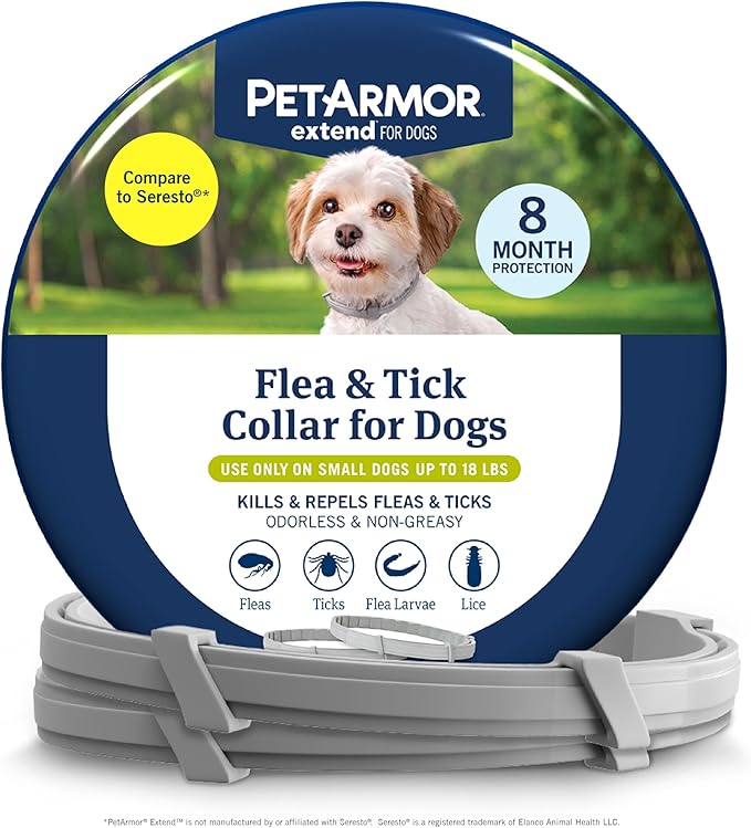 PetArmor Extend Dog Flea and Tick Treatment & Prevention Collar for Small Dogs up to 18 lbs., 8 Months of Protection, Odorless & Non-Greasy, Waterproof, Kills Fleas, Ticks, and Larvae, 2 Count