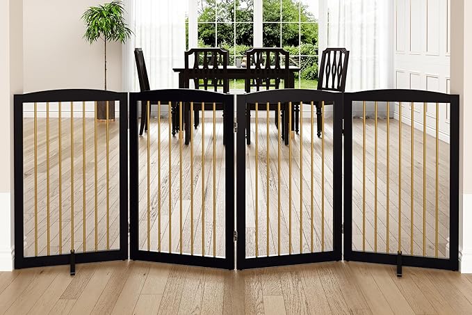 PUPETPO Freestanding Pet Gate for Dogs, Indoor Wooden Dog Gate for House, Foldable Dog Gate for Doorway, Stair, Step Over Pet Puppy Safety Fence Tall, 80 Inch Wide, 4 Panels 32", Black & Gold