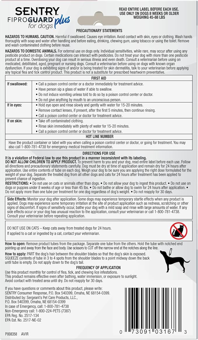 Sentry Fiproguard Plus for Dogs, Flea and Tick Prevention for Dogs (45-88 Pounds), Includes 6 Month Supply of Topical Flea Treatments