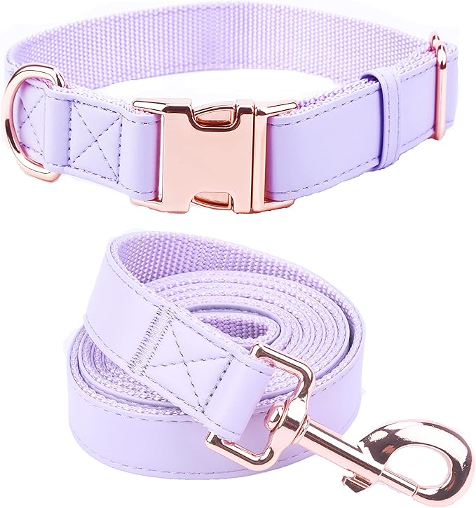 Dog Collar and Leash Set.Soft and Easy to Clean Vegan Leather with Rose Gold Metal Buckle for Small Medium Large Dogs (Light Purple, S(12.2"-16.9"))