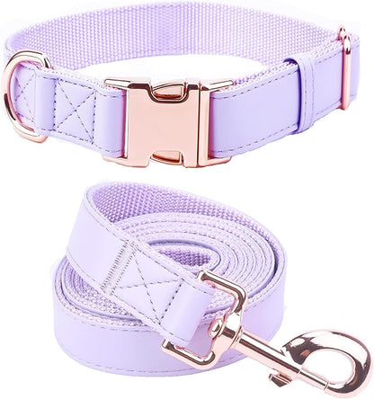 Dog Collar and Leash Set.Soft and Easy to Clean Vegan Leather with Rose Gold Metal Buckle for Small Medium Large Dogs (Light Purple, XS(8"-12"))