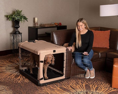 Pet Gear “The Other Door” 4 Door Steel Crate for Dogs/Cats with Garage-Style Door, Includes Plush Bed + Travel Bag, No Tools Required, New Tan, 36 Inch