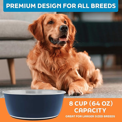Master Pet Supply Stainless Steel Dog Bowls Set of 2 (64 Oz Each) with Non-Slip Rubber Base - Navy Blue - Basic Dog Food Bowl Water & Food Bowls for Small Medium Large Dogs & Cats, Metal Dish
