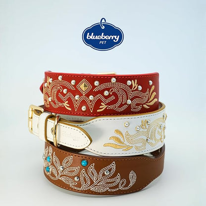 Blueberry Pet Genuine Leather Dog Collar - Western-Inspired Brown Leather Dog Collar for Large Dogs with Floral Embroidery & Turquoise Studs, 18-22 Inch Adjustable & Durable for City Pet Owners
