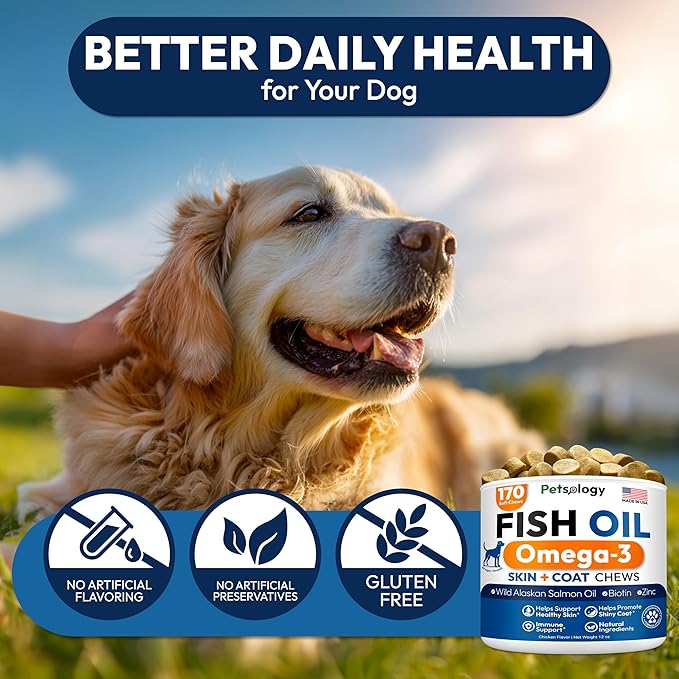 Omega 3 Fish Oil for Dogs - 170 Chews - Omega 3 for Dogs Itchy Skin & Allergy Relief - Skin & Coat Supplement - EPA & DHA Fatty Acids - Dog Anti Shedding & Hot Spot Treatment - Salmon Oil