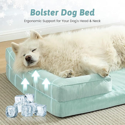 Cooling Dog Bed for Extra Large Dogs 44x32 inch, Q-Max >0.4 Summer Cool Orthopedic Foam Pet Sofa Bed with Sides, XL Size Bolster Anti-Slip Couch with Washable Removable Cover, Green
