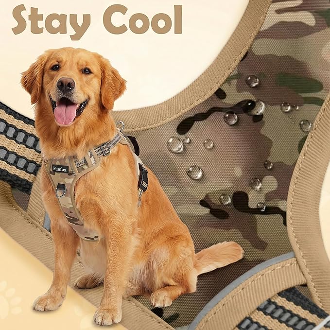 Funfox Dog Harness No Pull, Adjustable Pet Vest Harness, Super Soft Material with Vertical Handle Easy Control, Reflective Night Walking, 2 Leash Clips for XLarge Dogs, Camo Brown, XL