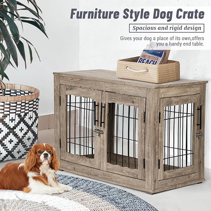 Upolana Dog Crate Furniture, 32 inch Medium Dog Crates with Bed Mat, Wooden Dog Kennel Furniture, End Side Table Dog Cage with 3 Doors, Greige