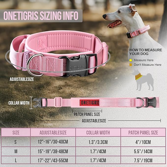 OneTigris Tough Dog Collars, Tactical Dog Collar with Handle, Milltary Adjustable Dog Collar with Heavy Duty Metal Buckle for Training (Pink, S)