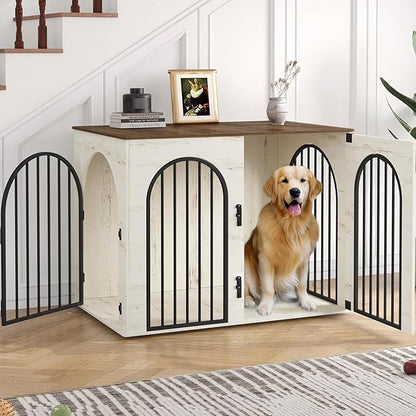 Hzuaneri 44.1" Wooden Dog Crate Furniture, Indoor Dog Kennel Dogs Cage for Small/Medium/Large Dogs, Heavy Duty Dog Crates Decorative Pet House End Side Table TV Stand, White Brown DFC83914B