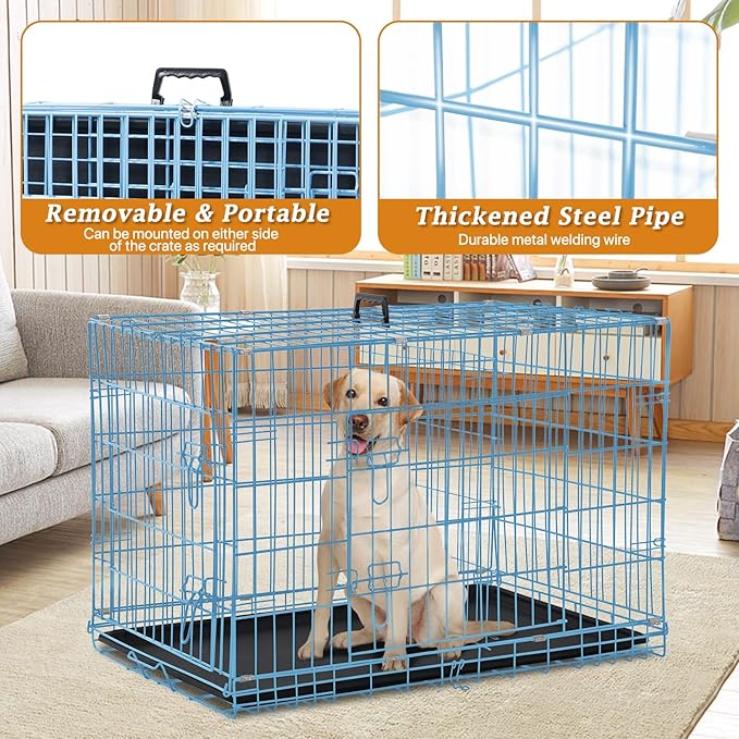 Dog Crate Dog Kennel Cage 42” Portable Foldable Indoor Outdoor Large Double Door Wire Metal Puppy Cat Pet Dog Cage with ABS Tray LC & Divider, Blue